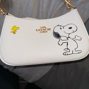 Coach White Leather Snoopy & Woodstock Crossbody Bag with Gold Hardware